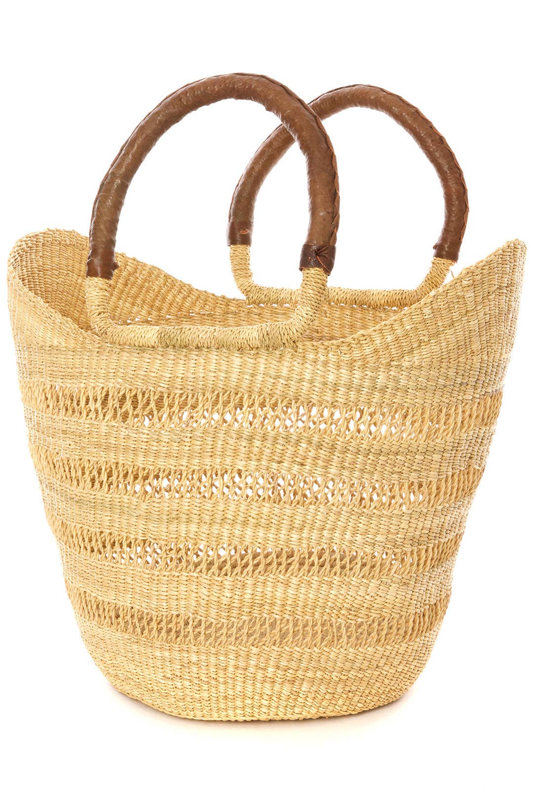 Natural Ghanaian Lacework Wing Shopper with Brown Leather Handles