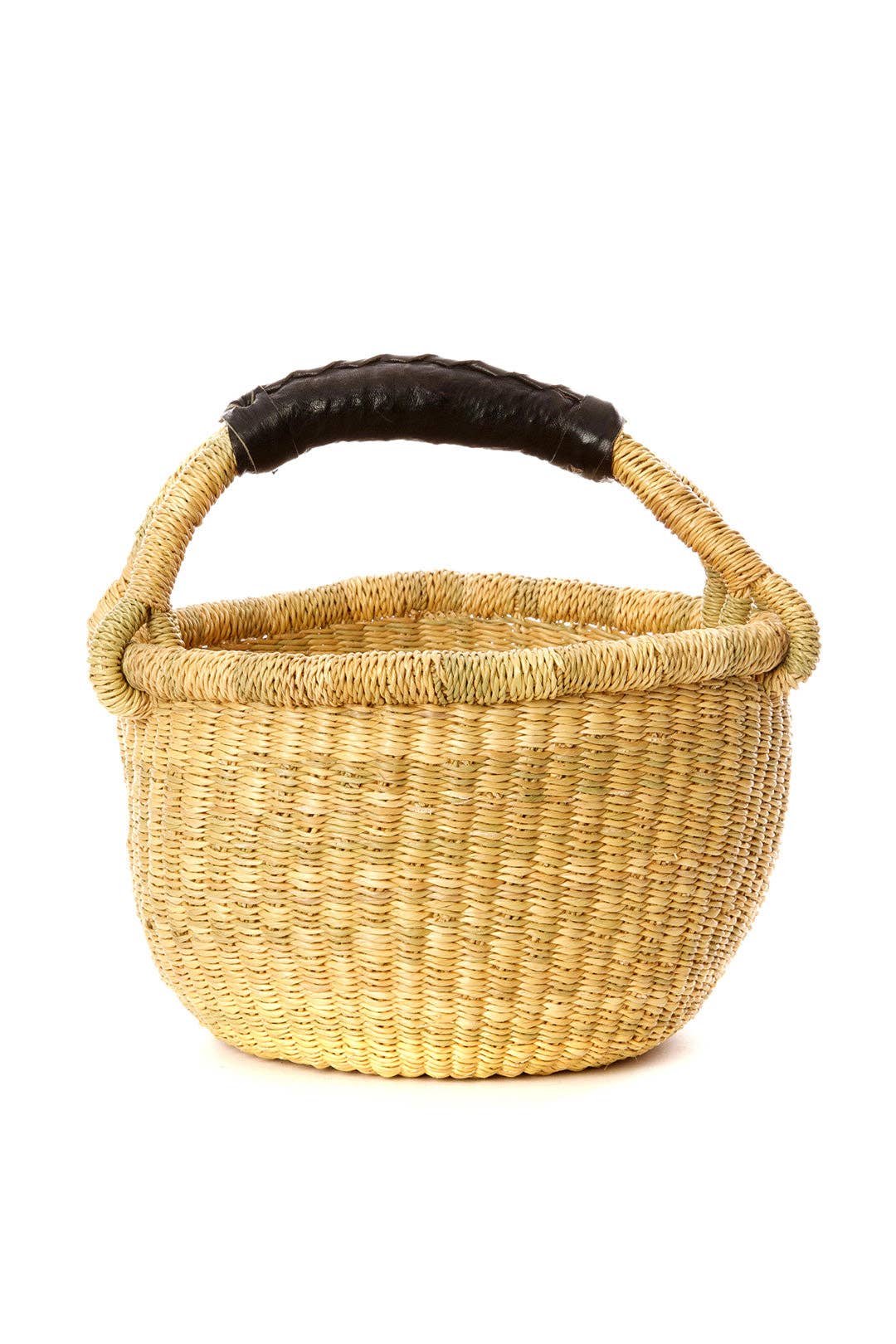 Natural Baby Ghanaian Bolga Basket with Black Leather Handle