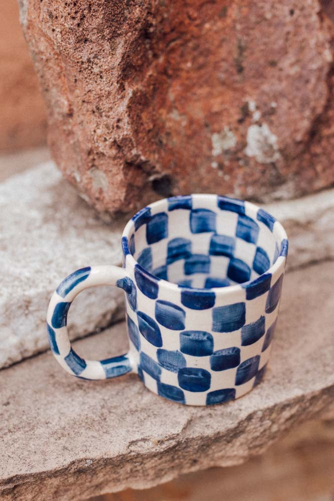 Coffee Mug - indigo checkered 8oz