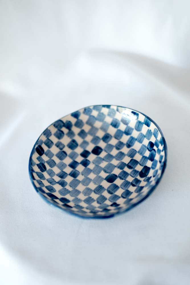 Small Shallow Bowl - indigo checkered